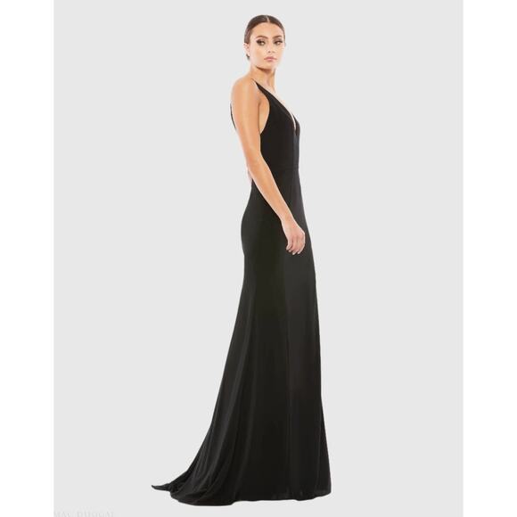 IEENA FOR MAC DUGGAL Black Plunge Neck High Slit Gown Dress Size 4 Formal - Picture 3 of 14